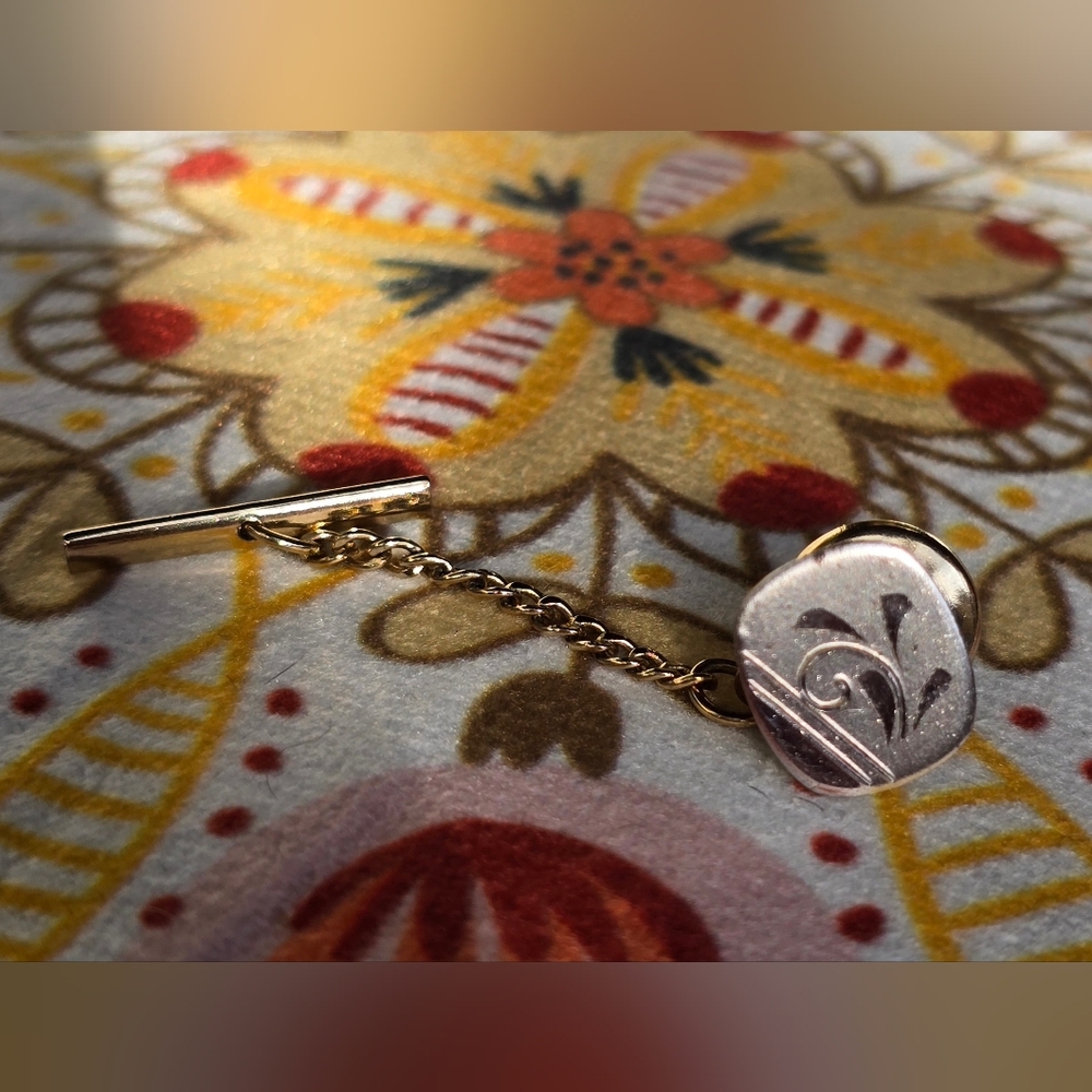 Antique MR Sterling Silver Square Scroll Tie Tack Pin with Safety Chain Formal